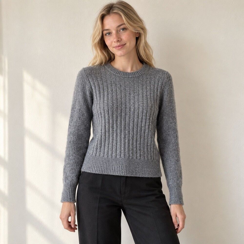 Topshop Womens Size 4 Gray Ribbed Knit Crewneck Slim Fit Pullover Sweater
